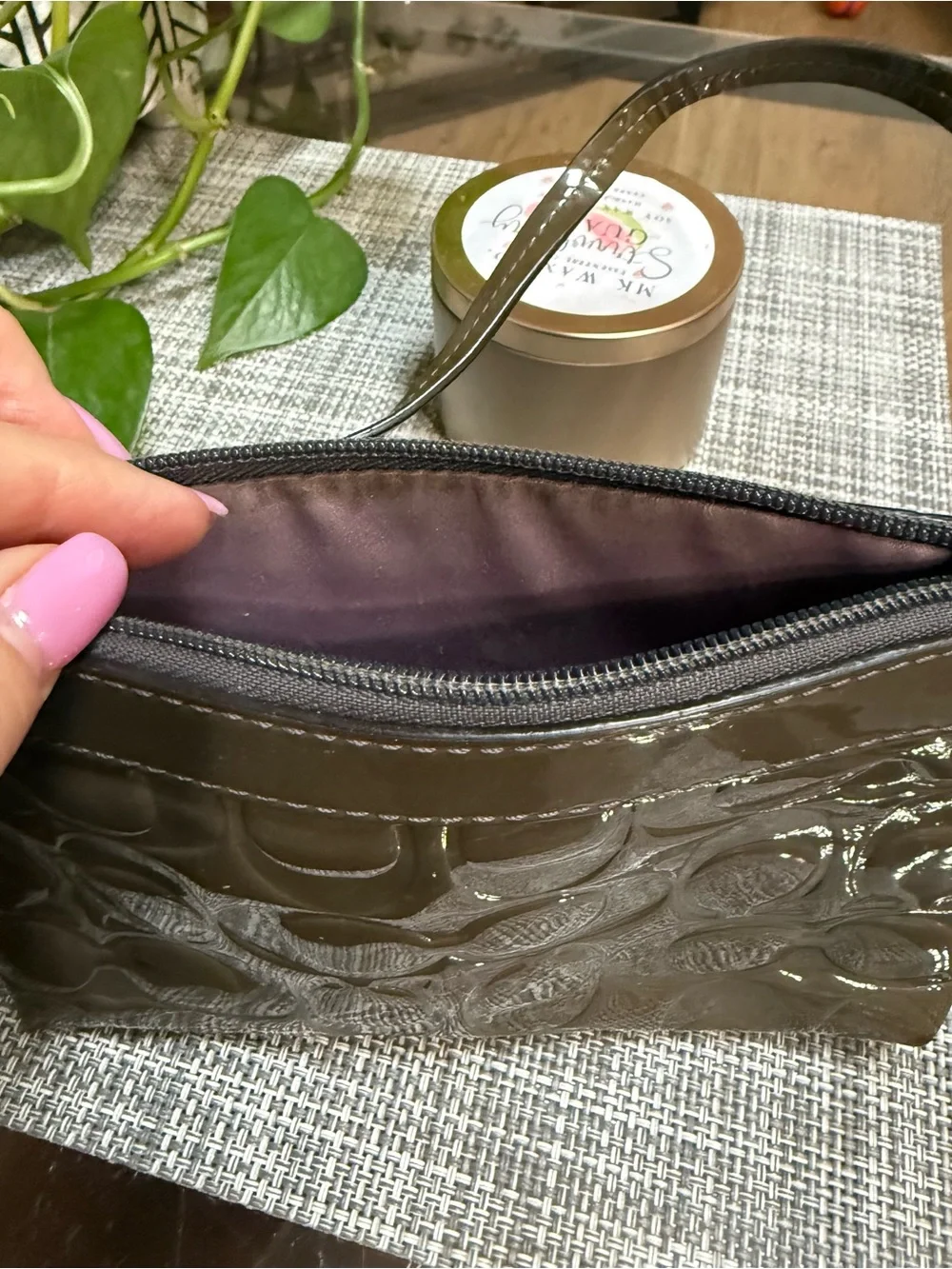 Coach Patent Signature Embossed Wristlet in Grey With Silver Hardware. Wallet